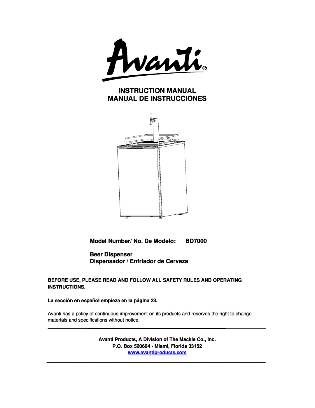 Avanti instruction manual Model Number/ No. De Modelo BD7000, Beer Dispenser Dispensador / Enfriador de Cerveza 