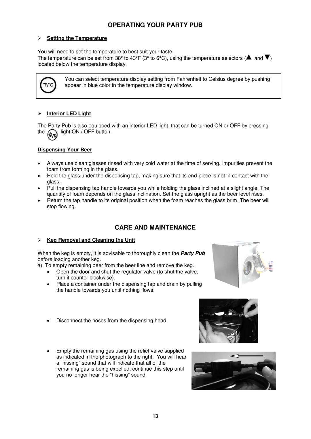 Avanti CB350S instruction manual Operating Your Party PUB, Care and Maintenance 