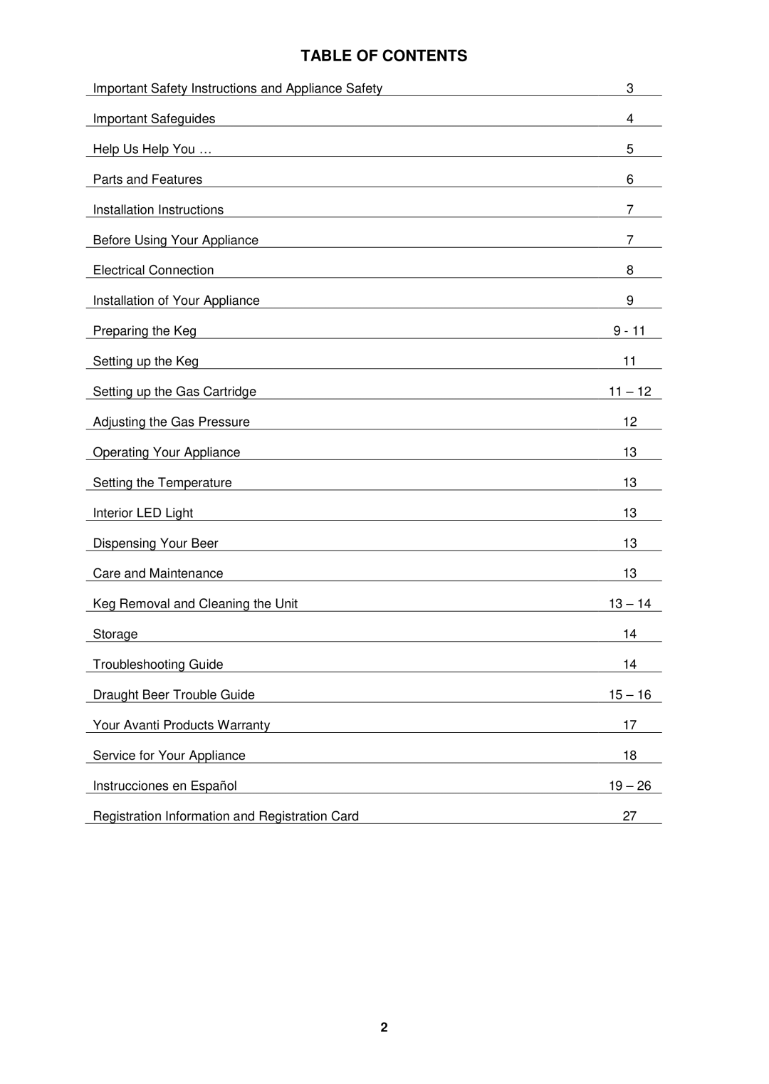 Avanti CB350S instruction manual Table of Contents 