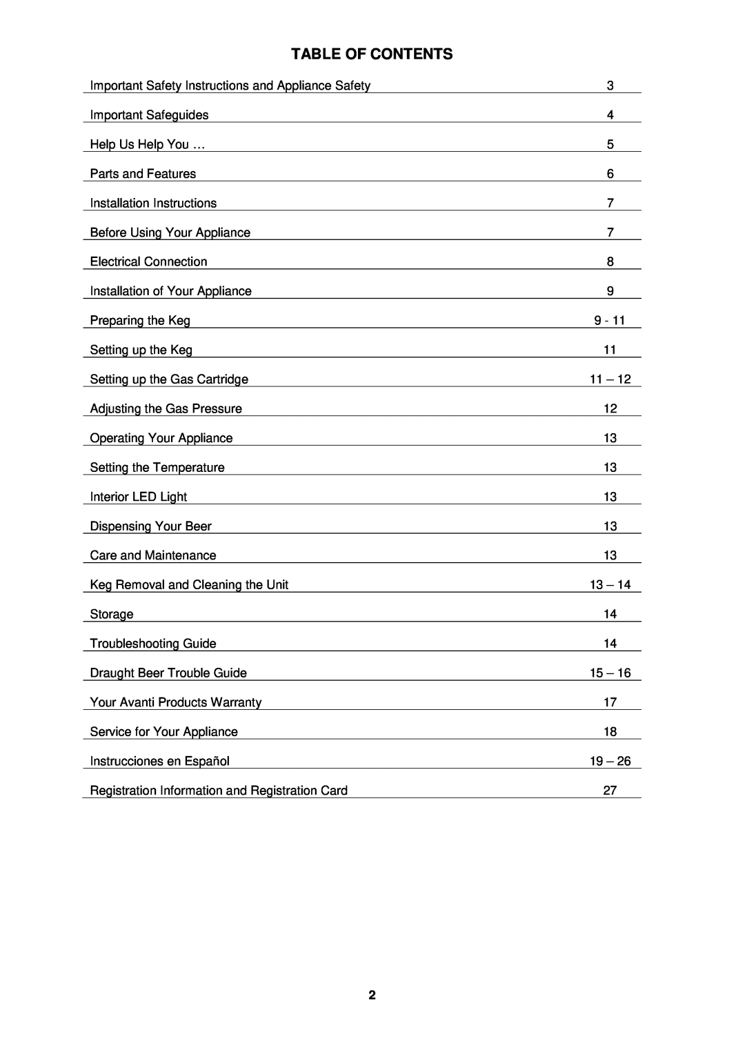 Avanti CB350S instruction manual Table Of Contents 
