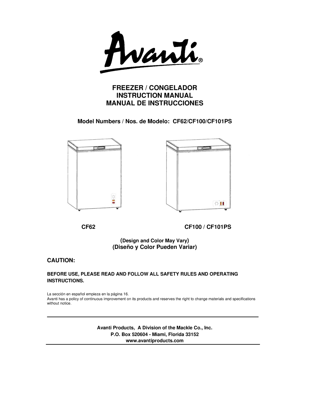 Avanti CF62, CF101PS, CF100 instruction manual Freezer / Congelador Manual DE Instrucciones, Design and Color May Vary 