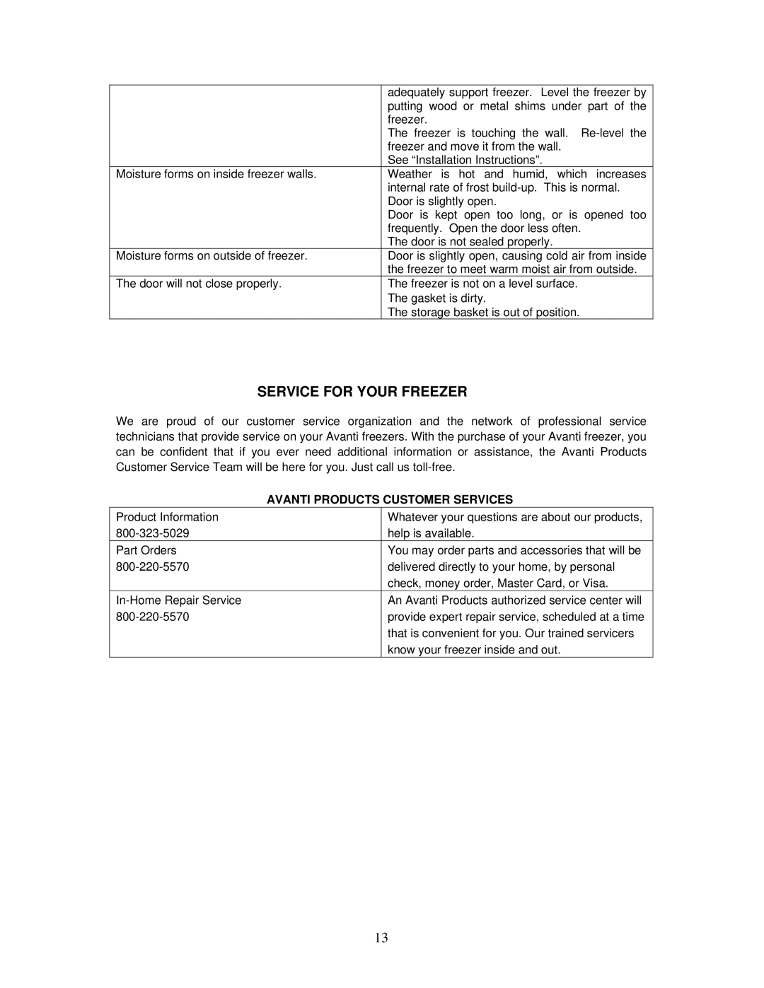 Avanti CF62, CF101PS, CF100 instruction manual Service for Your Freezer, Avanti Products Customer Services 