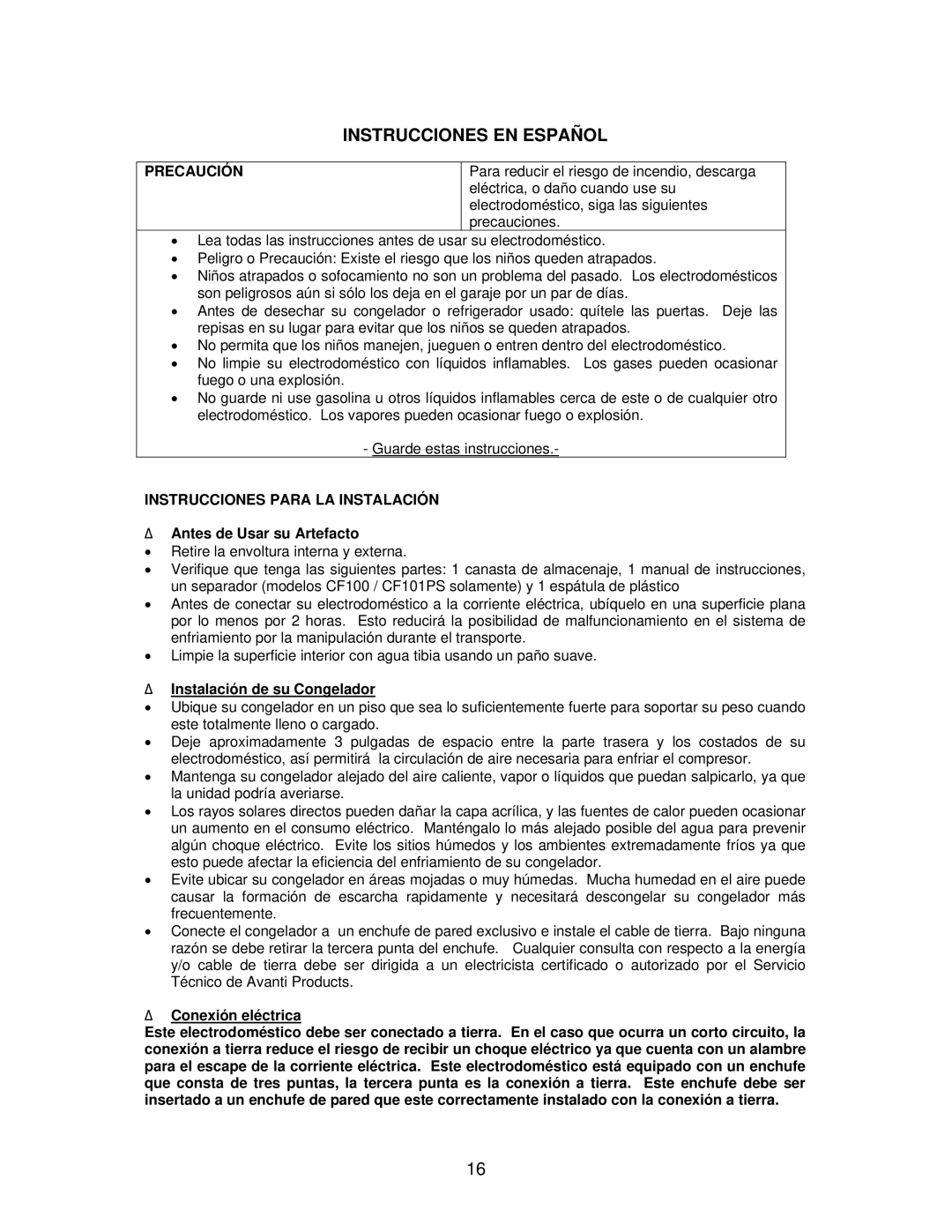 Avanti CF62, CF101PS, CF100 instruction manual Instrucciones EN Español, Precaución, Instrucciones Para LA Instalación 