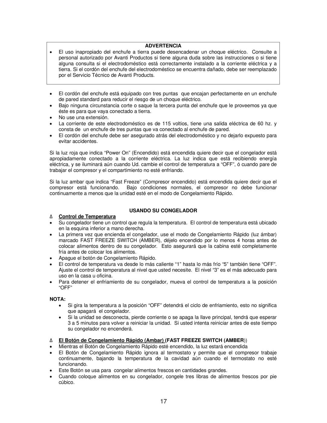 Avanti CF100, CF101PS, CF62 instruction manual Advertencia, Usando SU Congelador, ¾ Control de Temperatura, Nota 