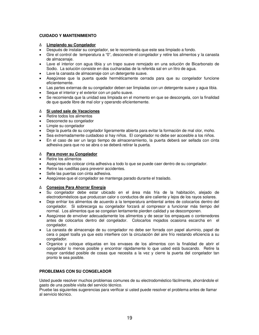 Avanti CF62, CF101PS, CF100 instruction manual Cuidado Y Mantenimiento, Problemas CON SU Congelador 