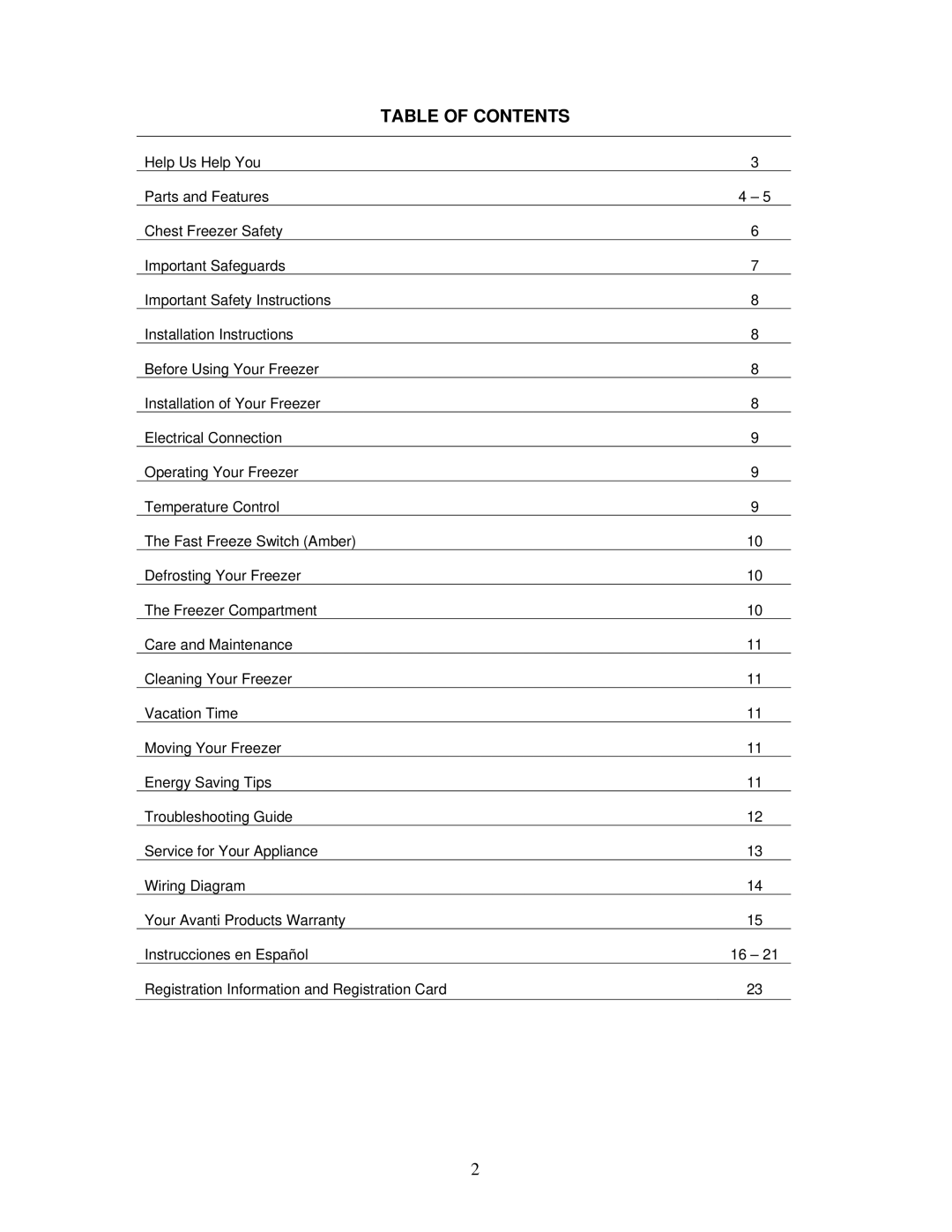 Avanti CF100, CF101PS, CF62 instruction manual Table of Contents 