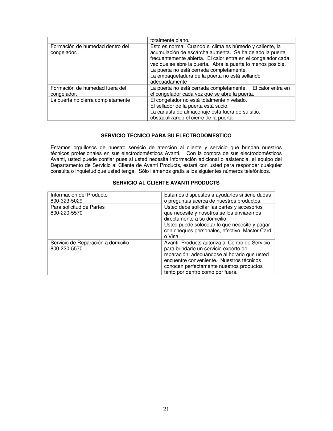 Avanti CF101PS, CF62, CF100 instruction manual Servicio Tecnico Para SU Electrodomestico, Servicio AL Cliente Avanti Products 