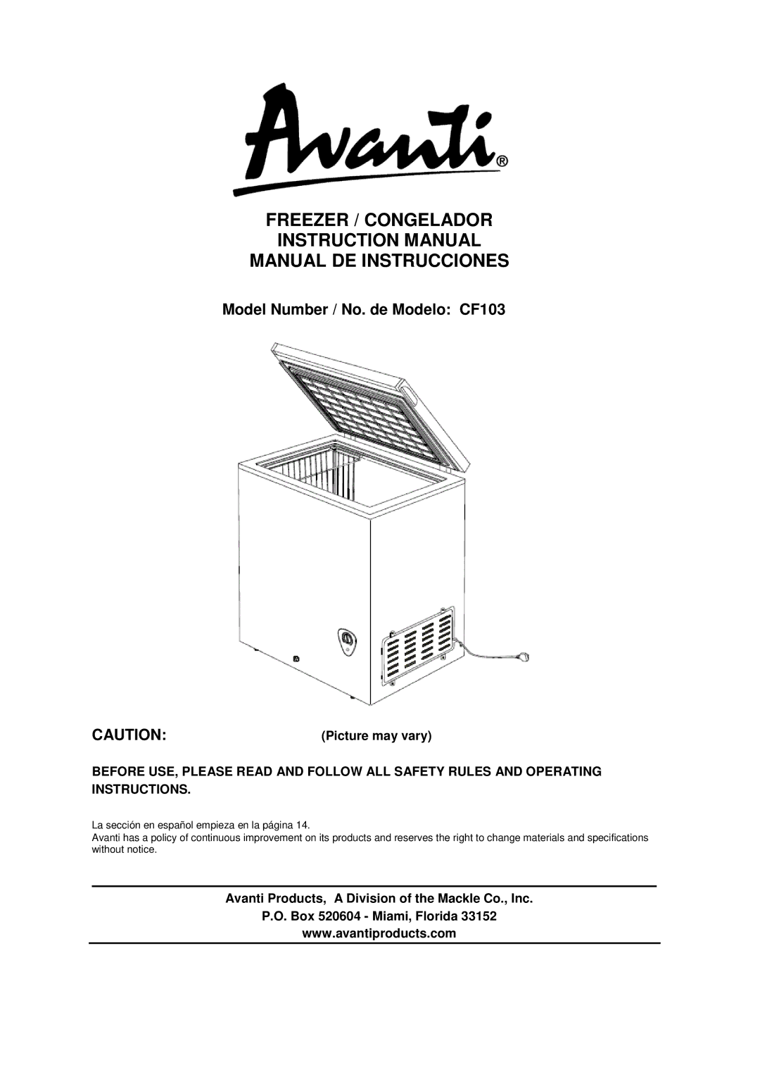 Avanti CF103 instruction manual Freezer / Congelador Manual DE Instrucciones, Picture may vary 