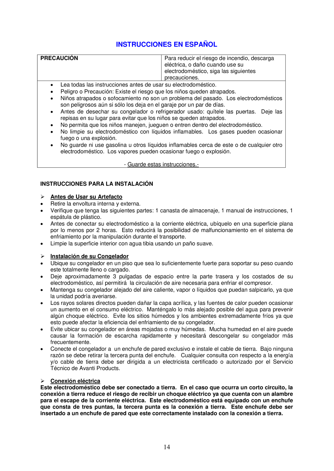 Avanti CF103 Instrucciones EN Español, Precaución, Instrucciones Para LA Instalación,  Antes de Usar su Artefacto 