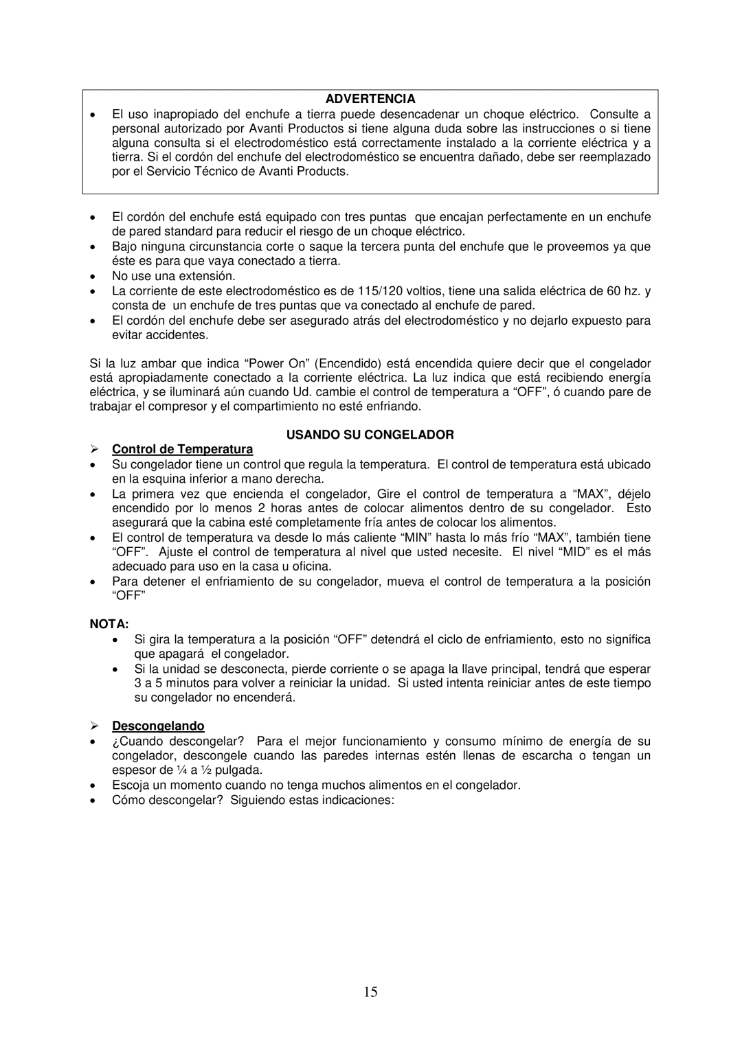 Avanti CF103 instruction manual Advertencia, Usando SU Congelador,  Control de Temperatura, Nota,  Descongelando 