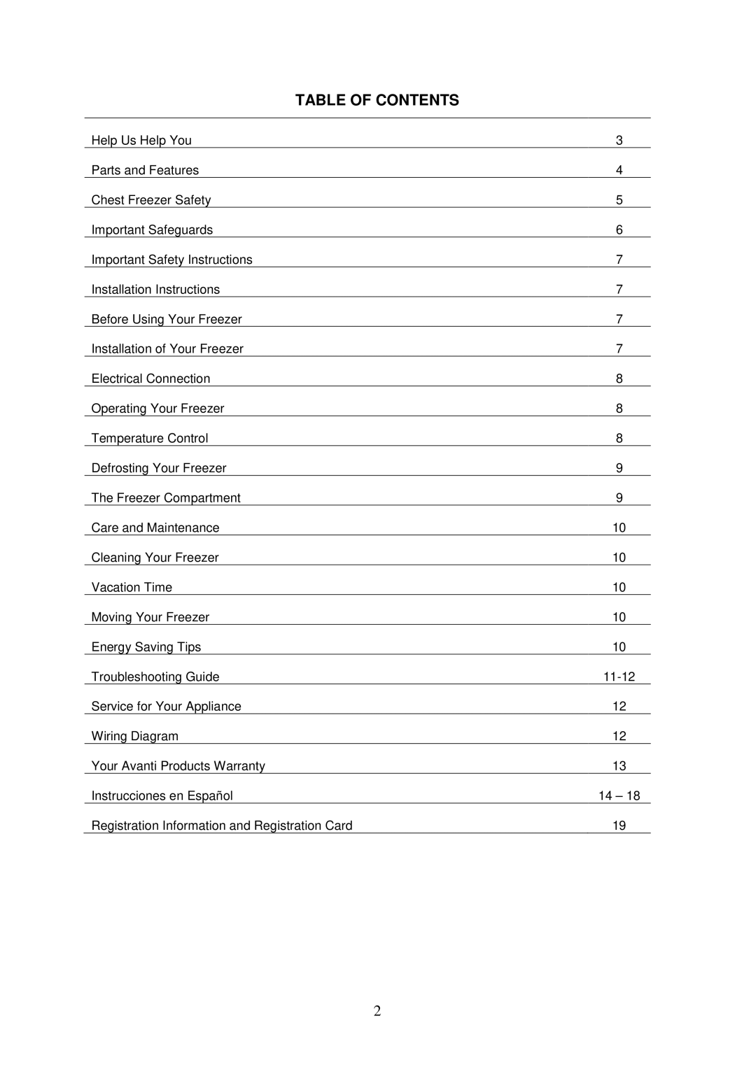 Avanti CF103 instruction manual Table of Contents 