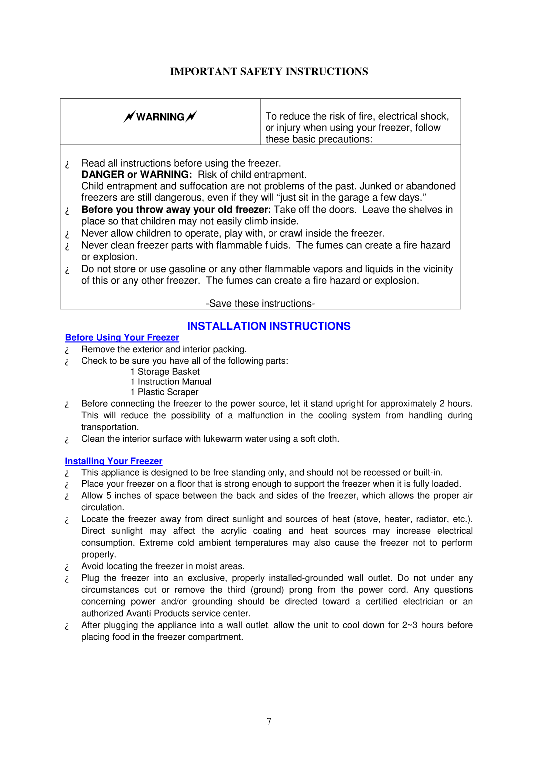 Avanti CF103 instruction manual Installation Instructions, Before Using Your Freezer, Installing Your Freezer 