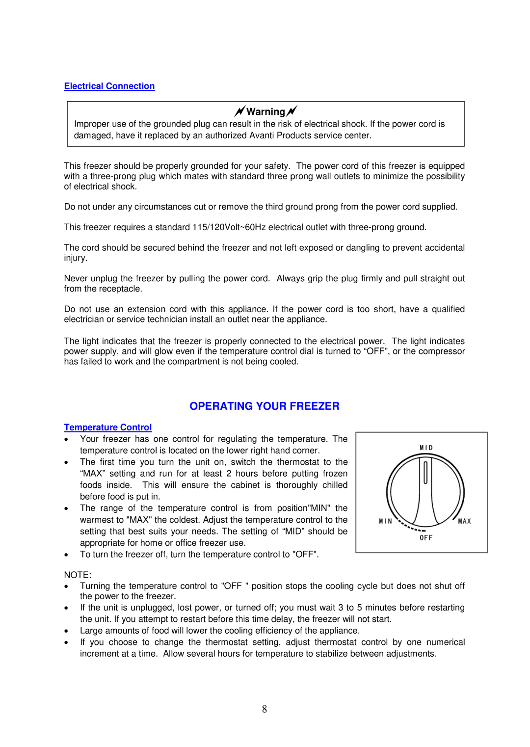 Avanti CF103 instruction manual Operating Your Freezer, Electrical Connection, Temperature Control 