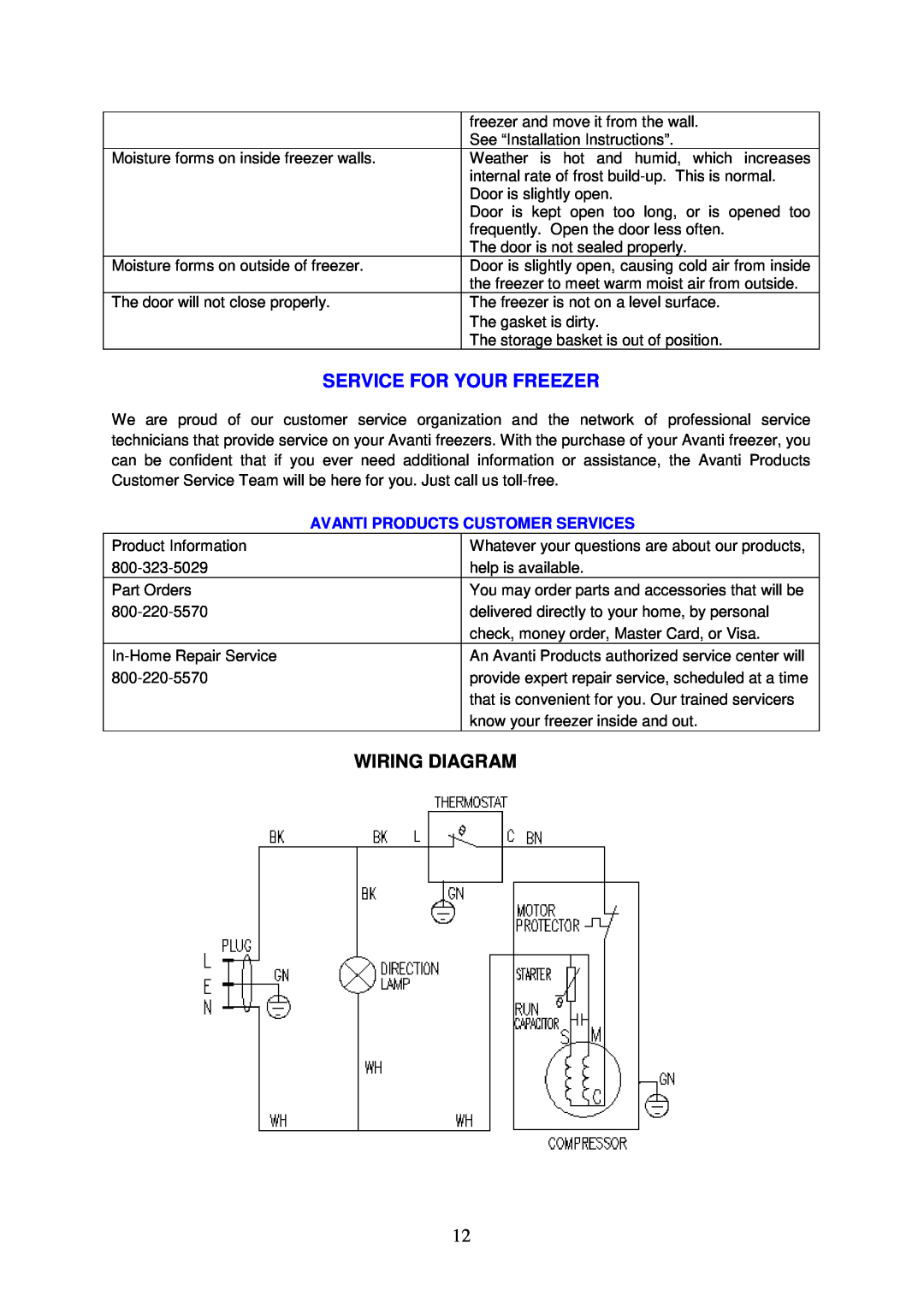 Avanti CF103 instruction manual Service For Your Freezer, Wiring Diagram, Avanti Products Customer Services 