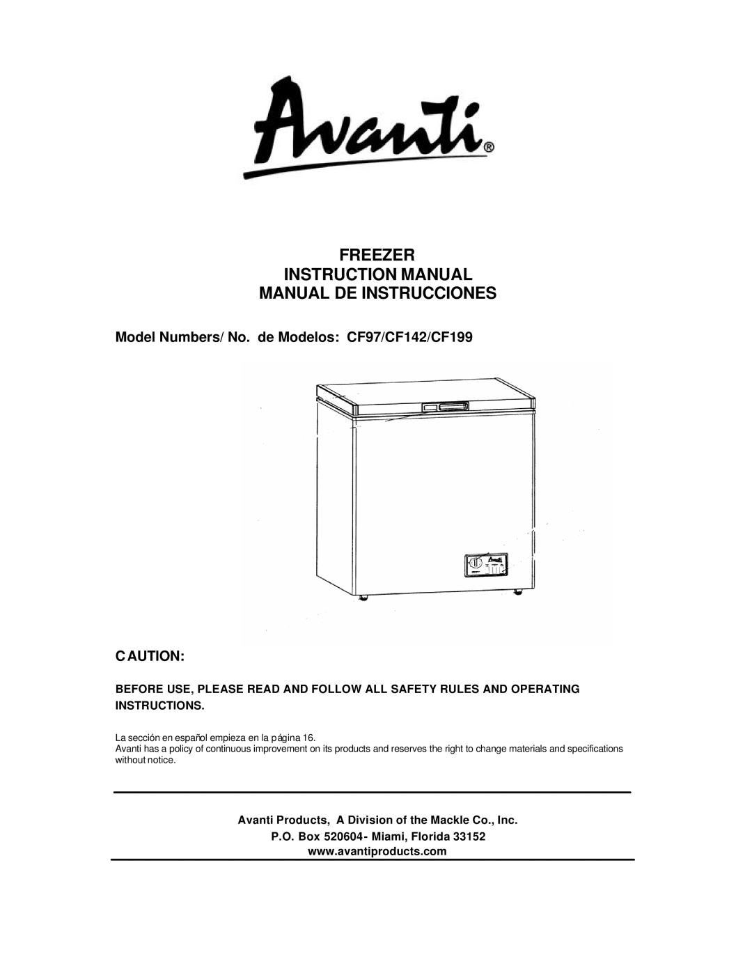 Avanti CF97, CF142, CF199 instruction manual Freezer Manual DE Instrucciones, Aution 