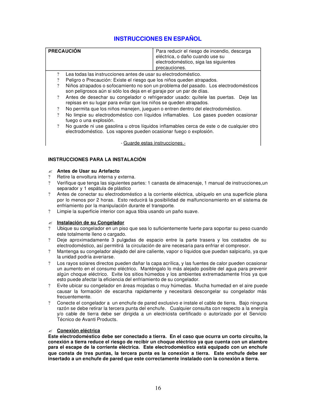 Avanti CF97, CF142 Instrucciones EN Español, Precaución, Instrucciones Para LA Instalación, ? Antes de Usar su Artefacto 