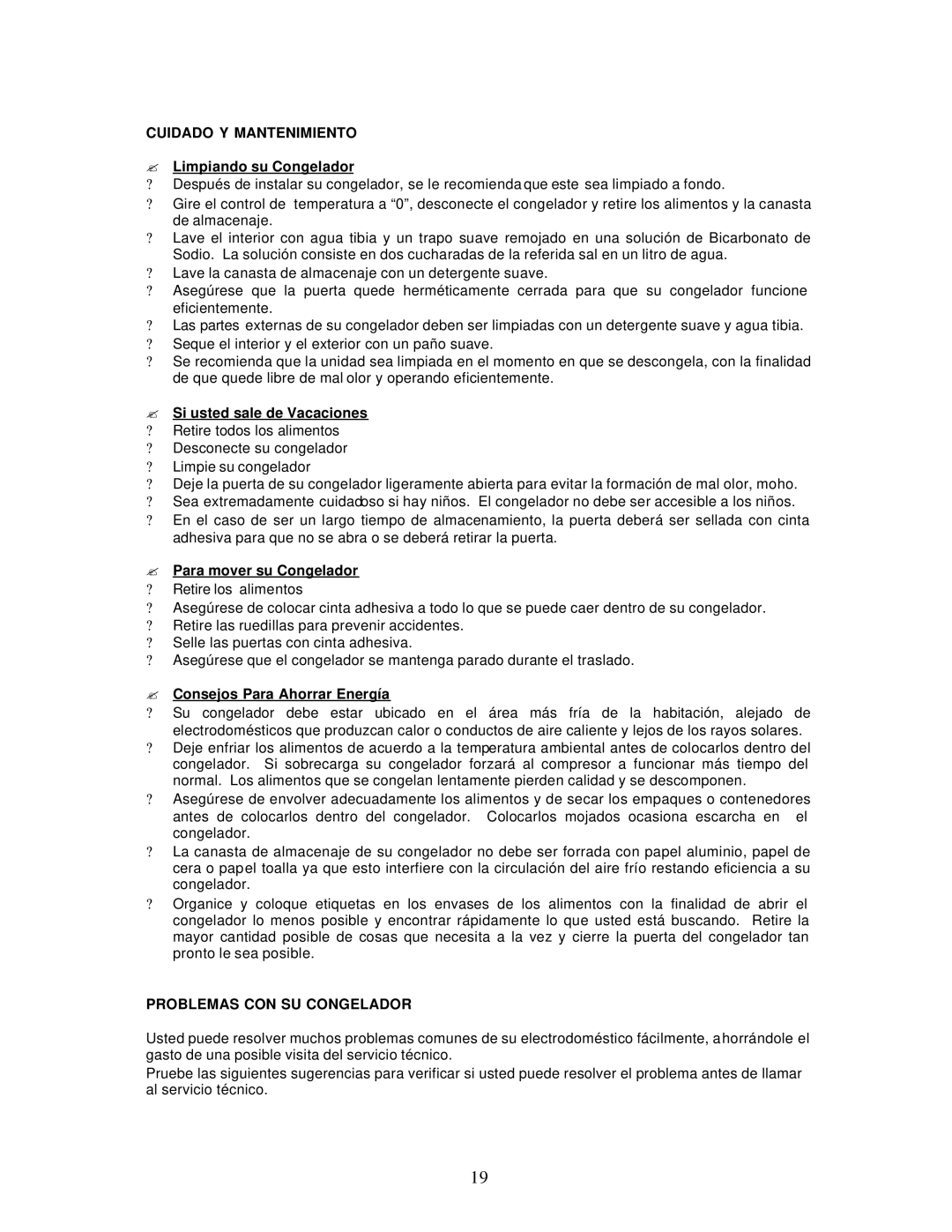 Avanti CF97, CF142, CF199 instruction manual Cuidado Y Mantenimiento, Problemas CON SU Congelador 