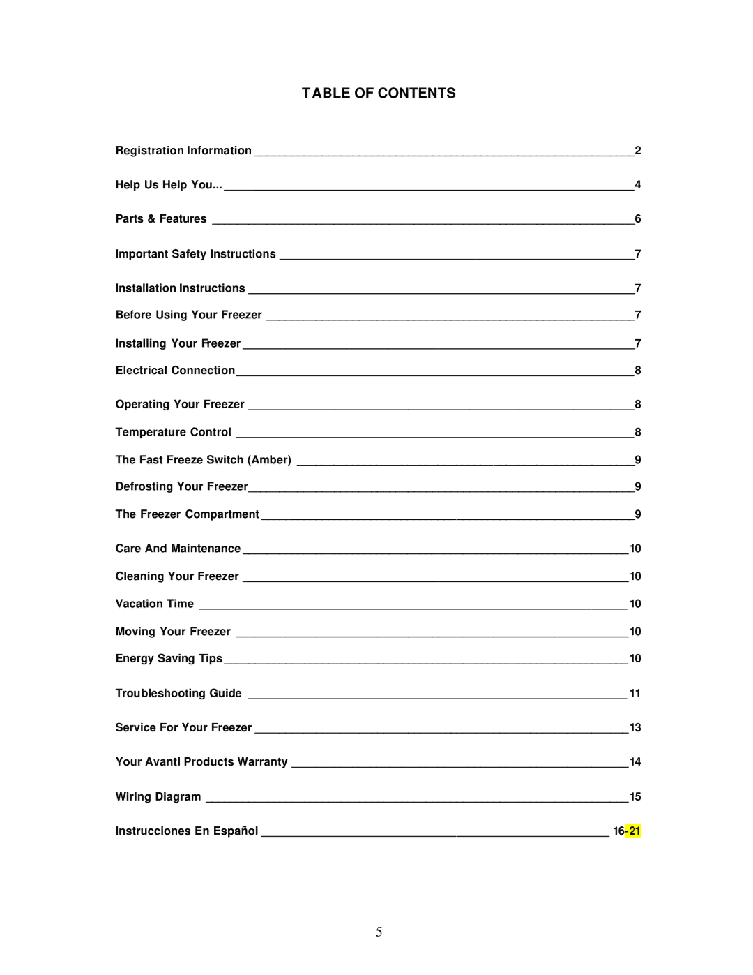 Avanti CF199, CF142, CF97 instruction manual Table of Contents 