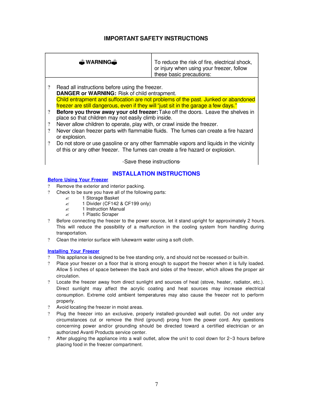 Avanti CF97 Important Safety Instructions, Installation Instructions, Before Using Your Freezer, Installing Your Freezer 