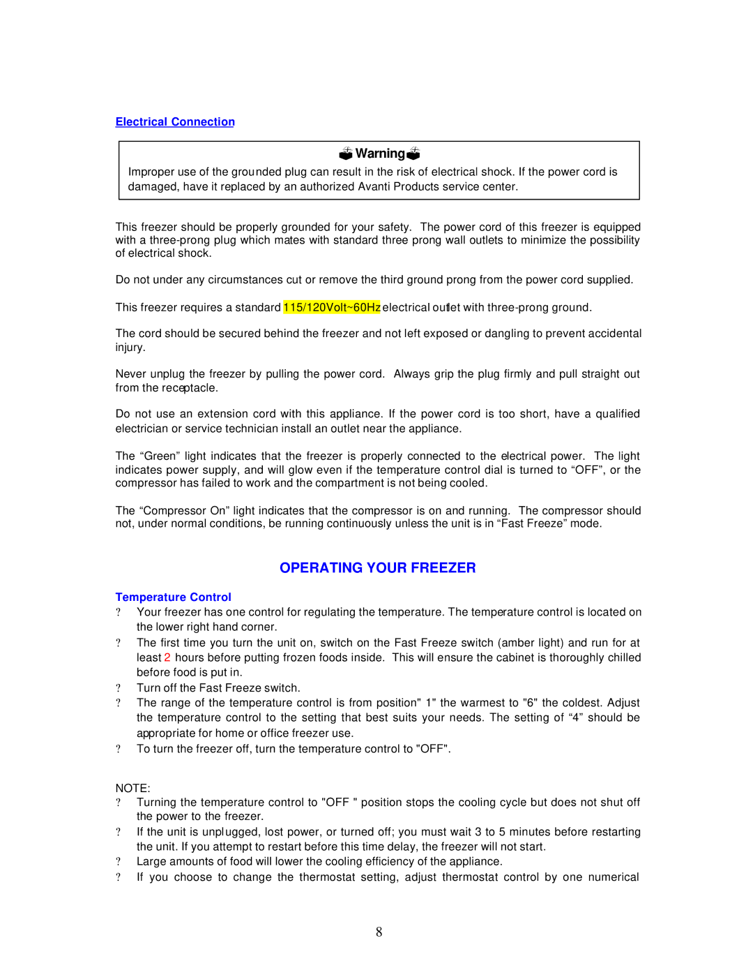 Avanti CF199, CF142, CF97 instruction manual Operating Your Freezer, Electrical Connection, Temperature Control 