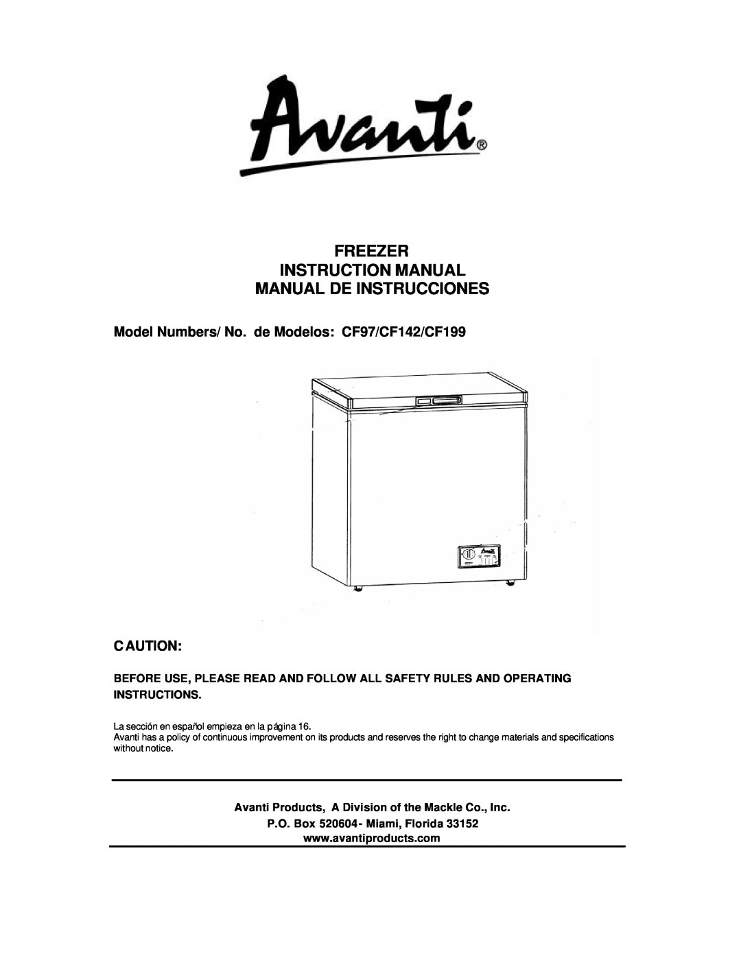 Avanti instruction manual Manual De Instrucciones, Model Numbers/ No. de Modelos CF97/CF142/CF199, C Aution 