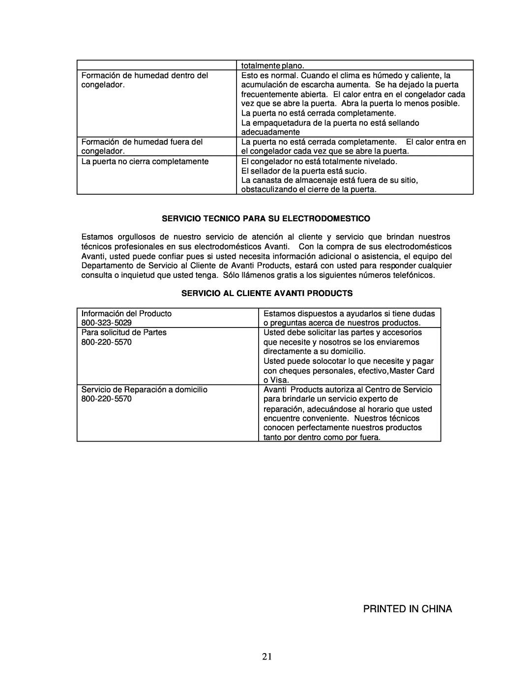 Avanti CF142, CF97, CF199 instruction manual Servicio Tecnico Para Su Electrodomestico, Servicio Al Cliente Avanti Products 