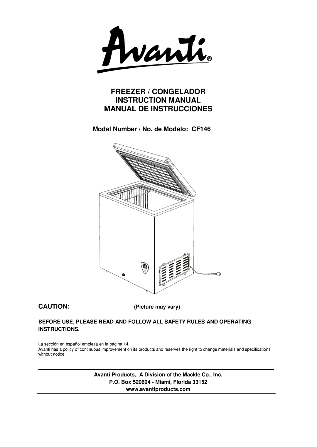 Avanti CF146 instruction manual Freezer / Congelador Manual DE Instrucciones, Picture may vary 