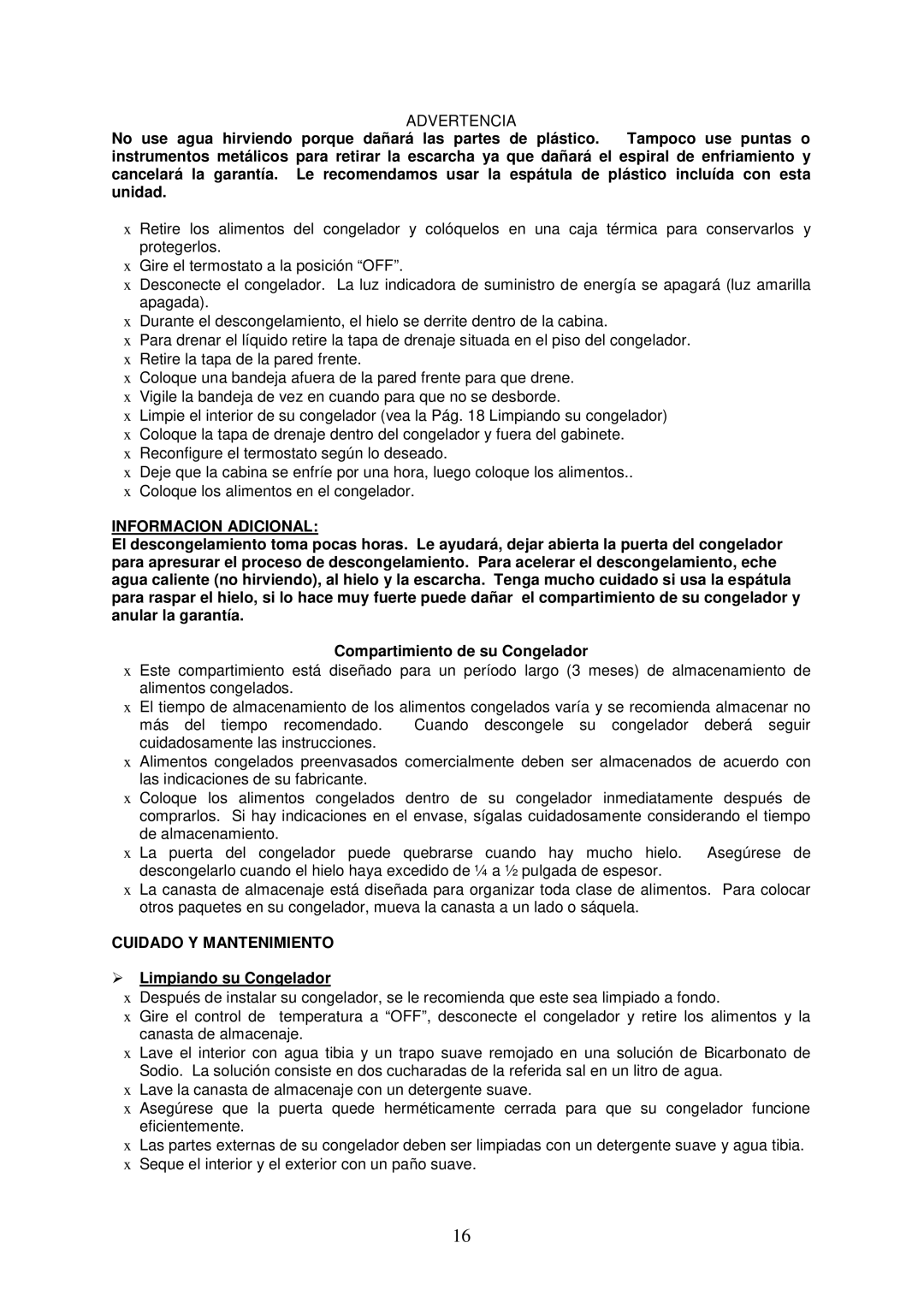 Avanti CF146 instruction manual Informacion Adicional, Cuidado Y Mantenimiento,  Limpiando su Congelador 