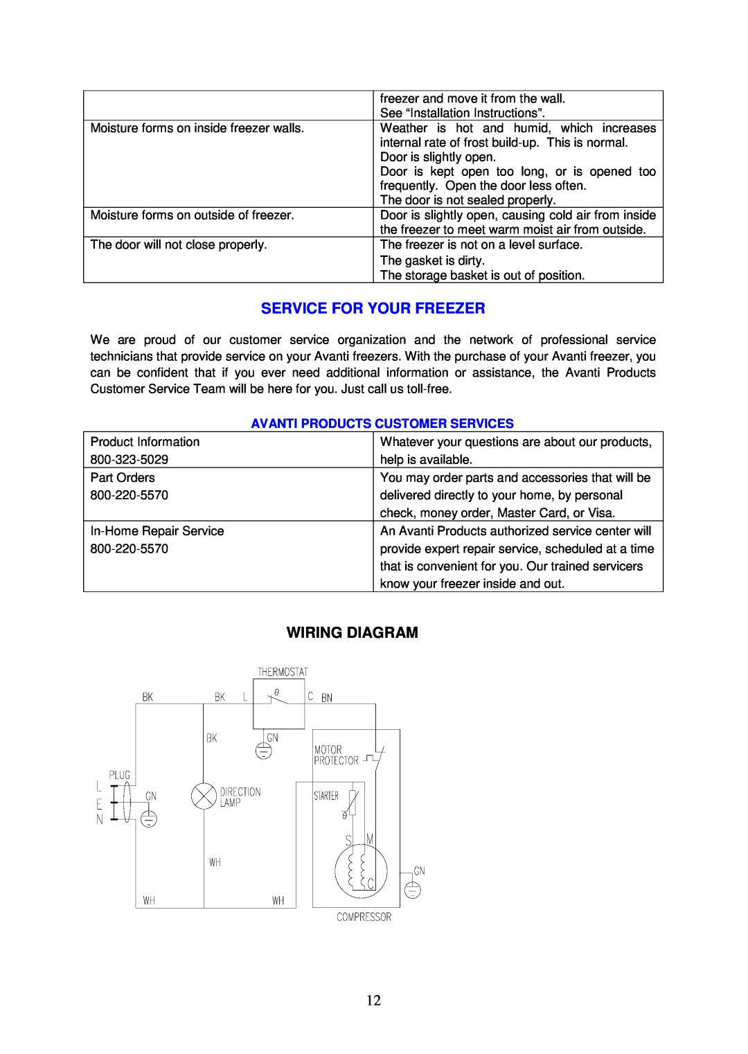 Avanti CF146 instruction manual Service For Your Freezer, Wiring Diagram, Avanti Products Customer Services 