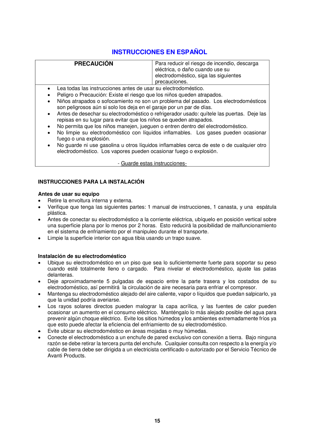 Avanti CF1510, CF1010, CF2010 Instrucciones EN Español, Instrucciones Para LA Instalación, Antes de usar su equipo 