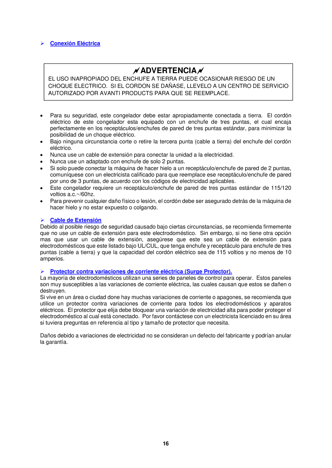 Avanti CF1010, CF1510, CF2010 instruction manual  Conexión Eléctrica,  Cable de Extensión 