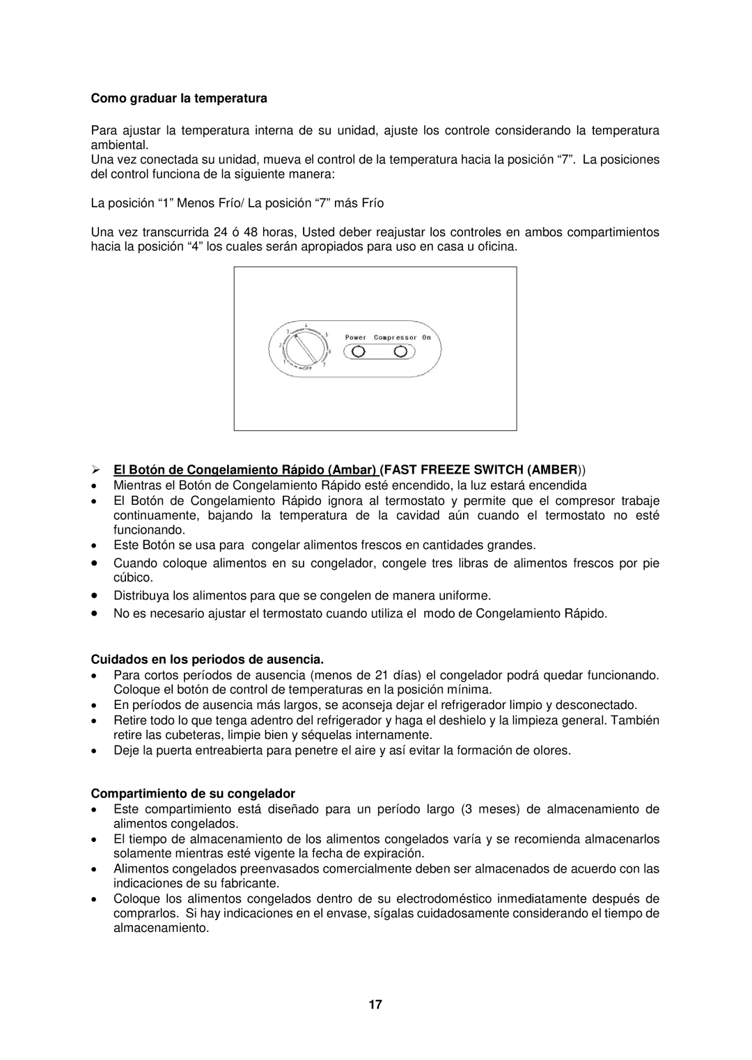 Avanti CF2010, CF1510 Como graduar la temperatura, Cuidados en los periodos de ausencia, Compartimiento de su congelador 