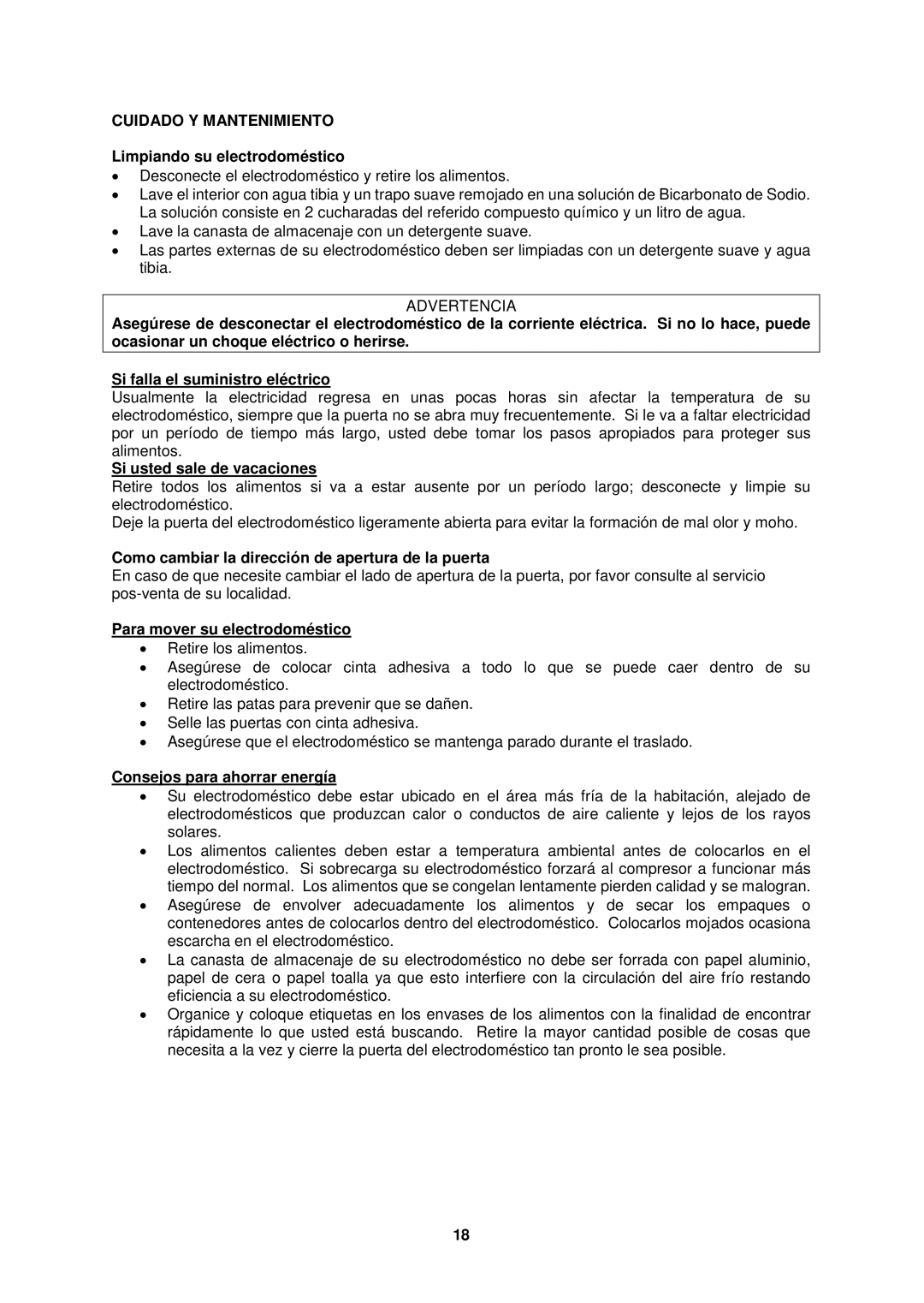 Avanti CF1510, CF1010, CF2010 instruction manual Cuidado Y Mantenimiento 