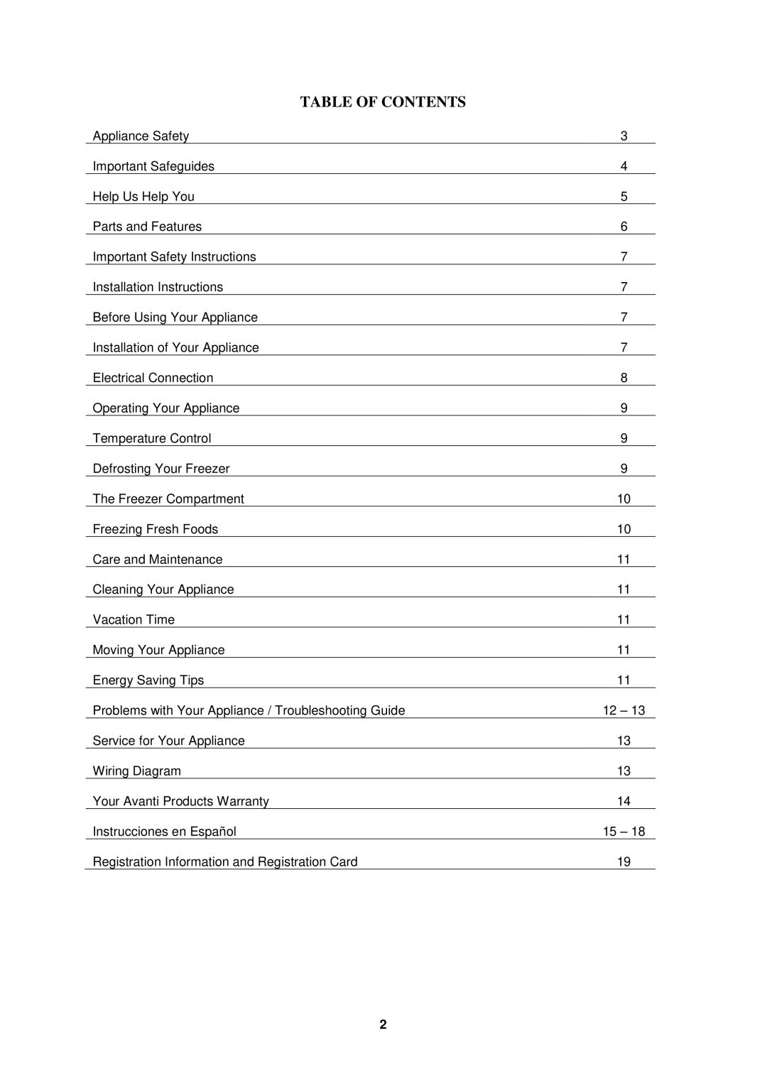 Avanti CF2010, CF1510, CF1010 instruction manual Table of Contents 