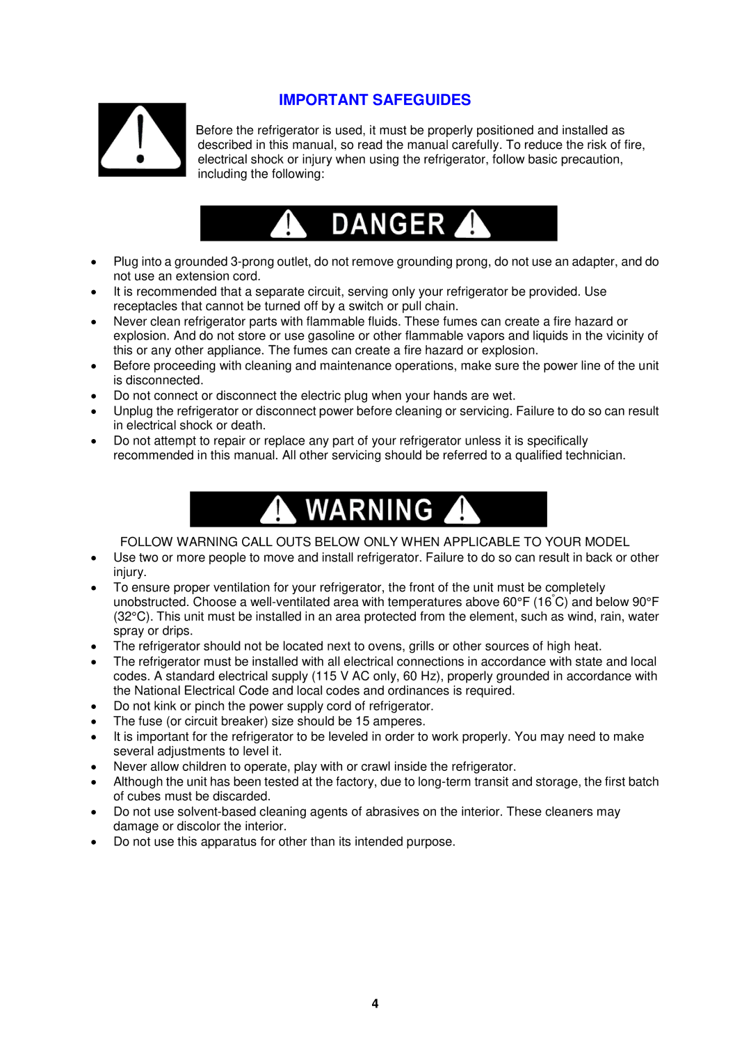 Avanti CF1010, CF1510, CF2010 instruction manual Important Safeguides 