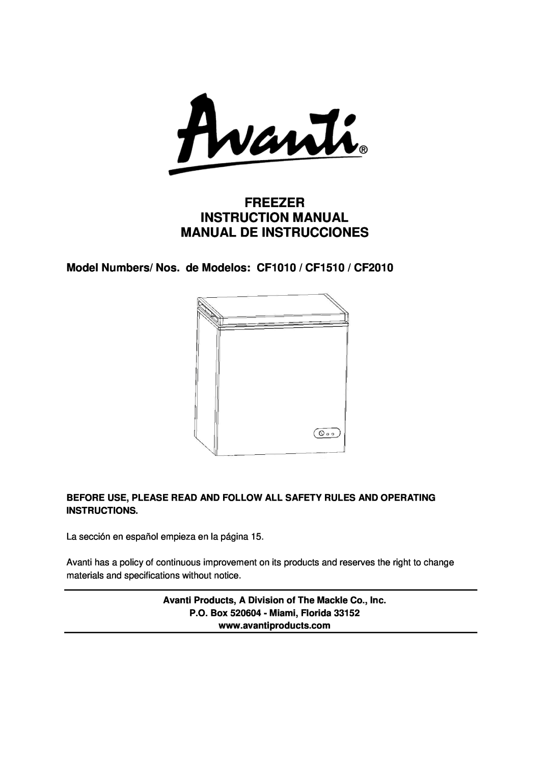 Avanti CF1010, CF1510, CF2010 instruction manual Manual De Instrucciones, P.O. Box 520604 - Miami, Florida 