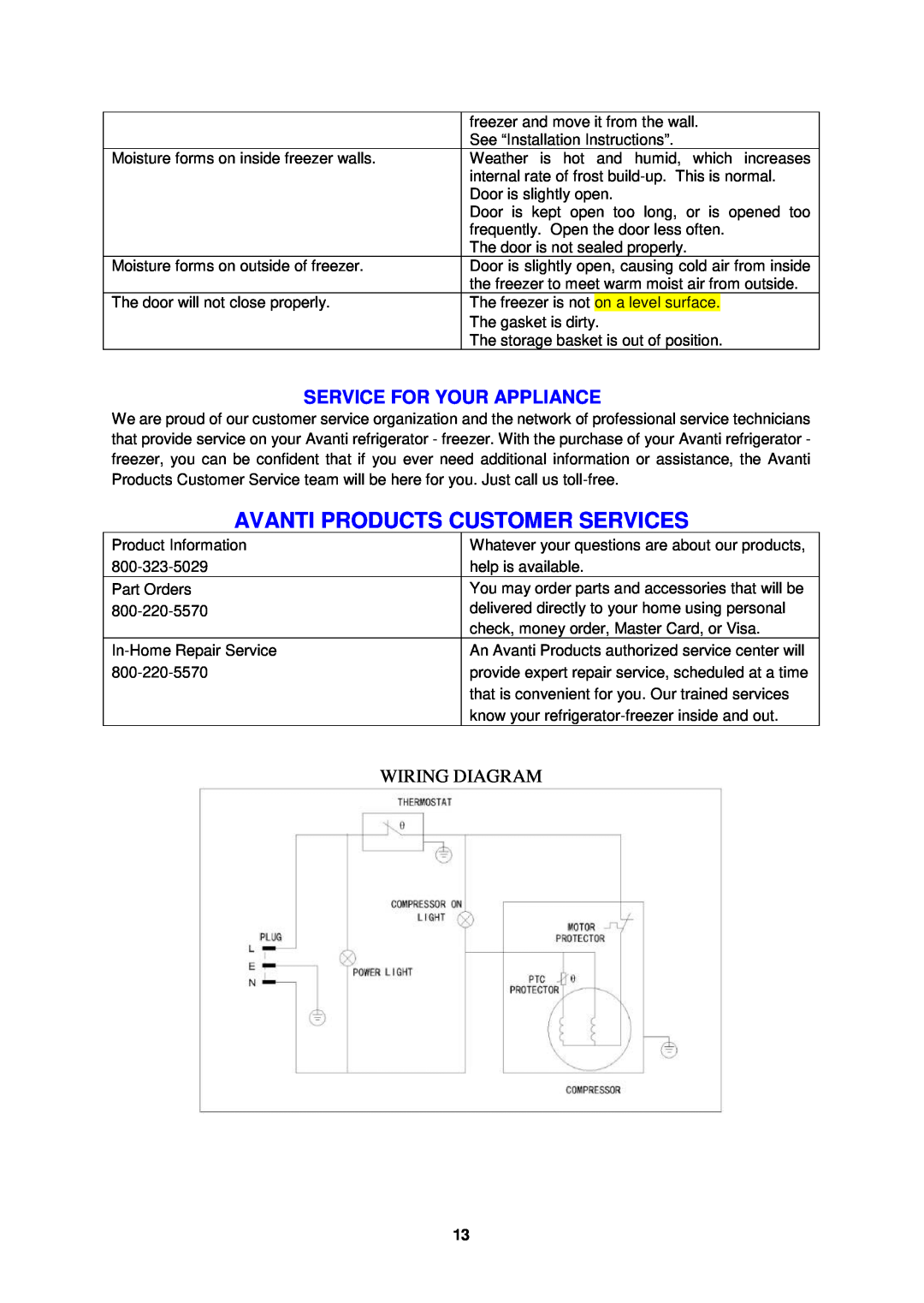 Avanti CF1010, CF1510, CF2010 Service For Your Appliance, Avanti Products Customer Services, Wiring Diagram 