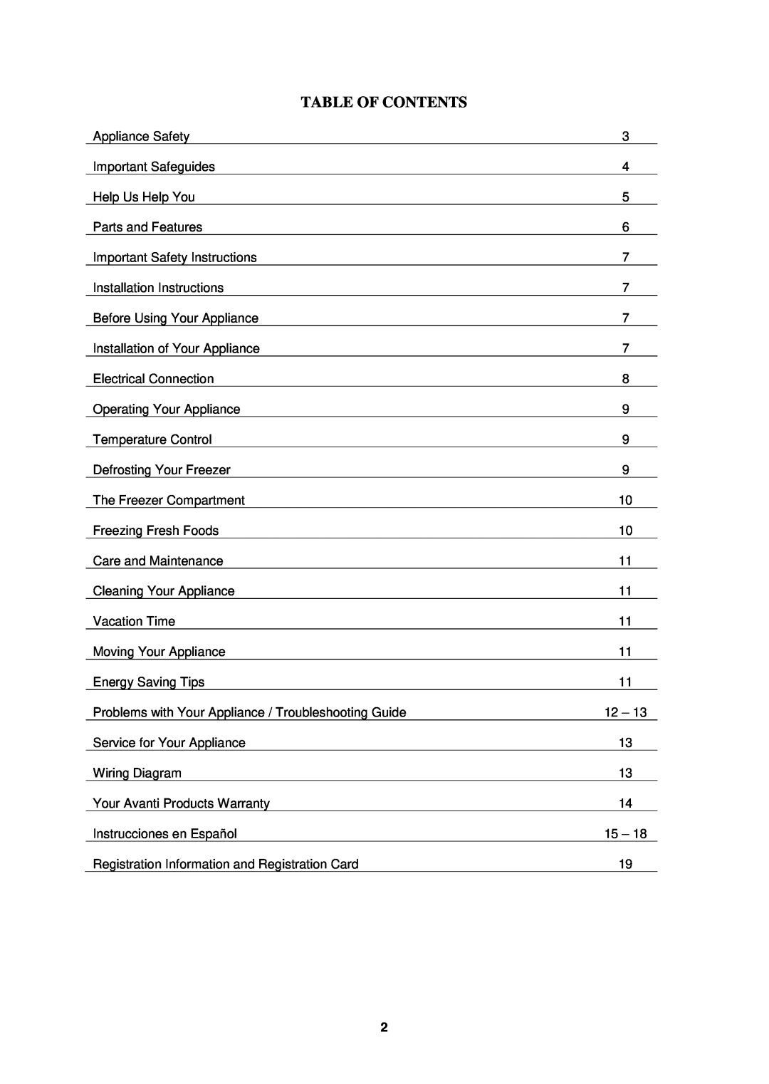 Avanti CF2010, CF1510, CF1010 instruction manual Table Of Contents 