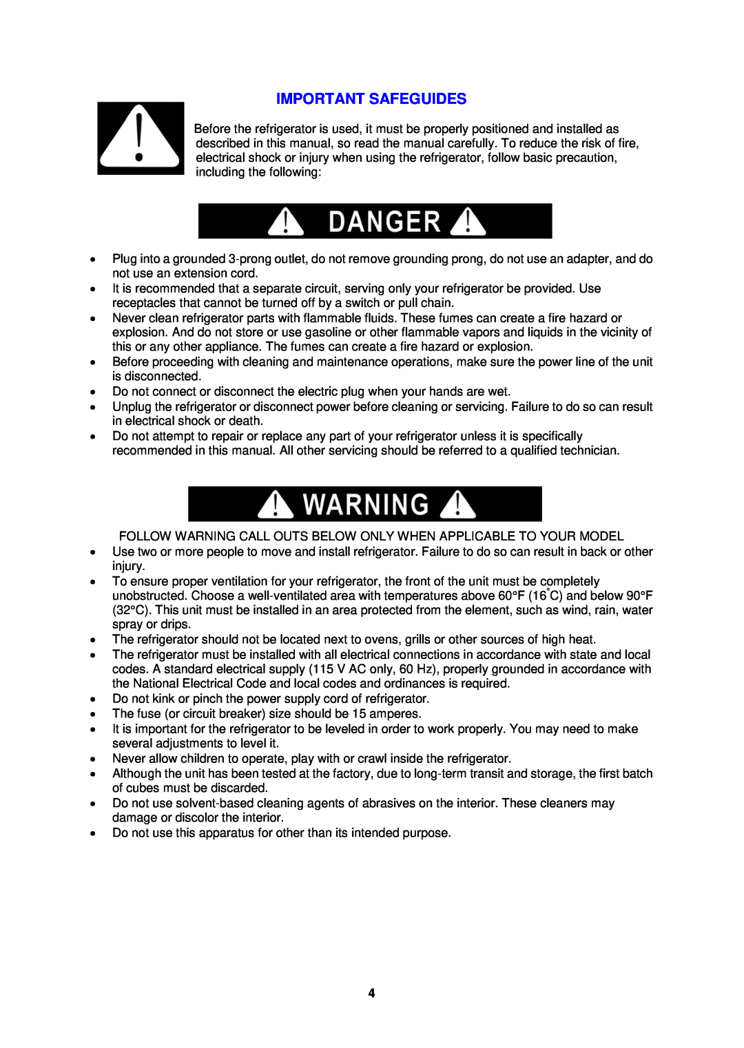 Avanti CF1010, CF1510, CF2010 instruction manual Important Safeguides 