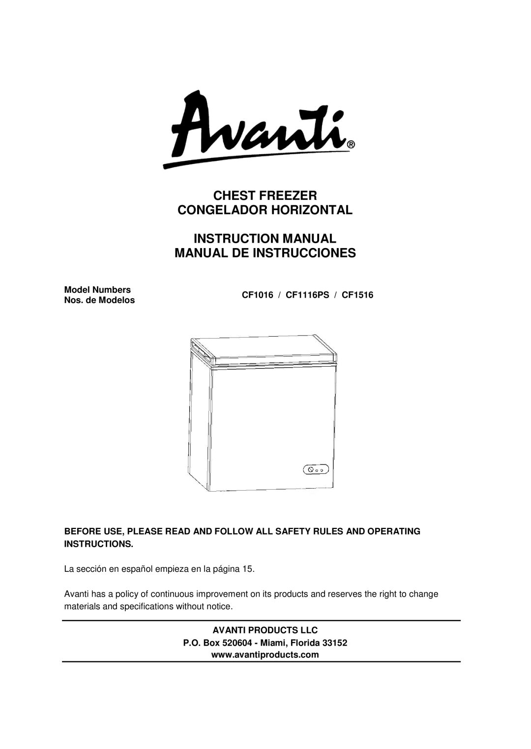 Avanti instruction manual Model Numbers CF1016 / CF1116PS / CF1516 Nos. de Modelos, Avanti Products LLC 