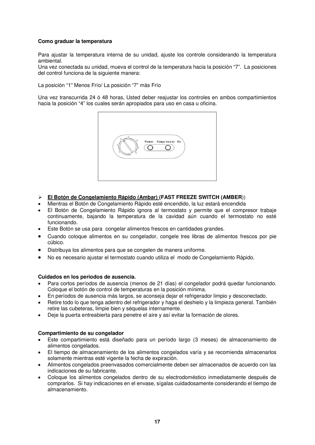 Avanti CF1116PS, CF1516 Como graduar la temperatura, Cuidados en los periodos de ausencia, Compartimiento de su congelador 