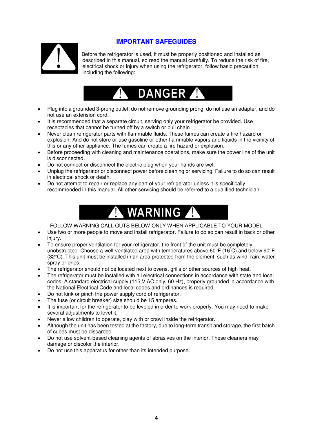 Avanti CF1016, CF1516, CF1116PS instruction manual Important Safeguides 