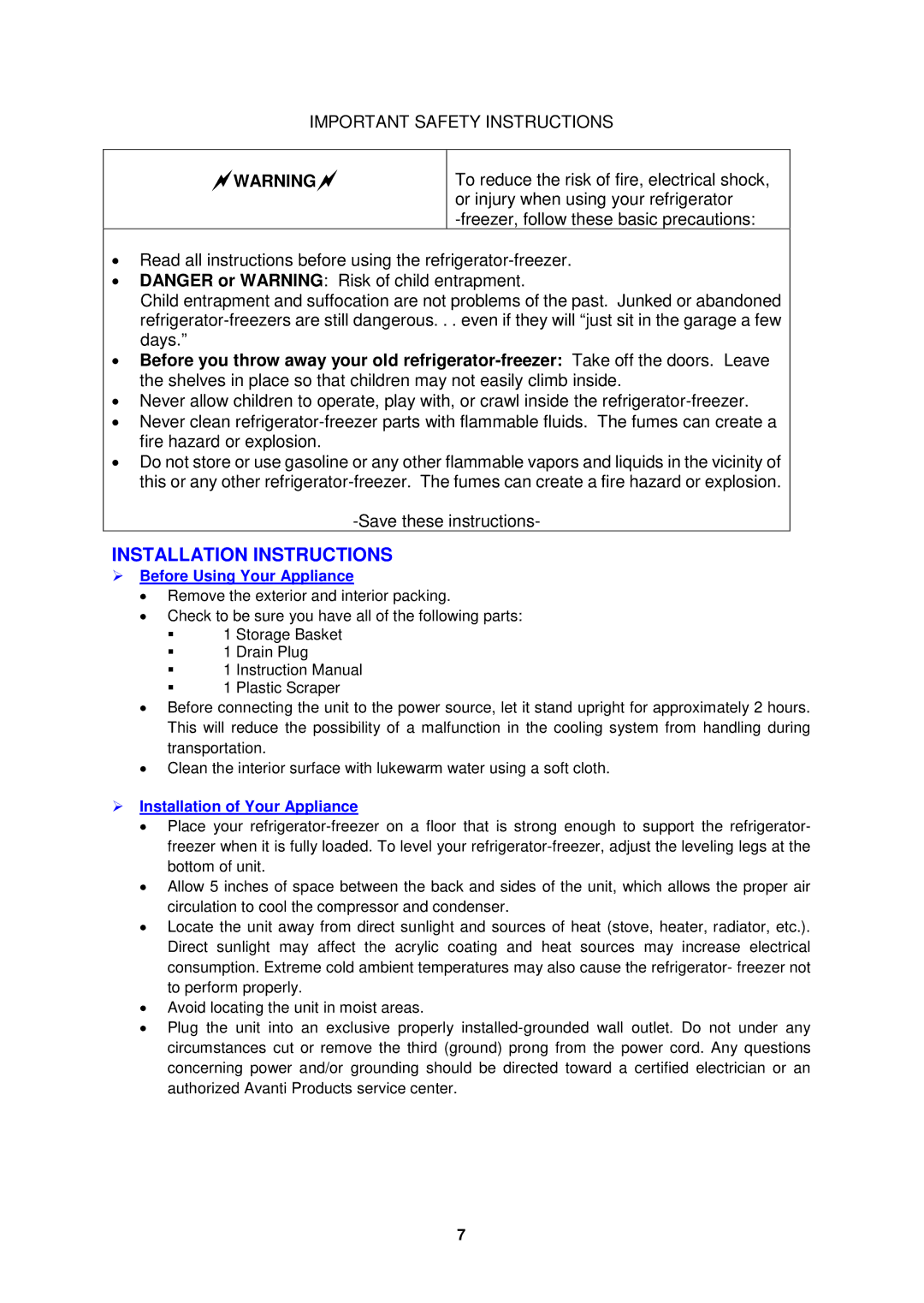 Avanti CF1016, CF1516, CF1116PS Installation Instructions,  Before Using Your Appliance,  Installation of Your Appliance 