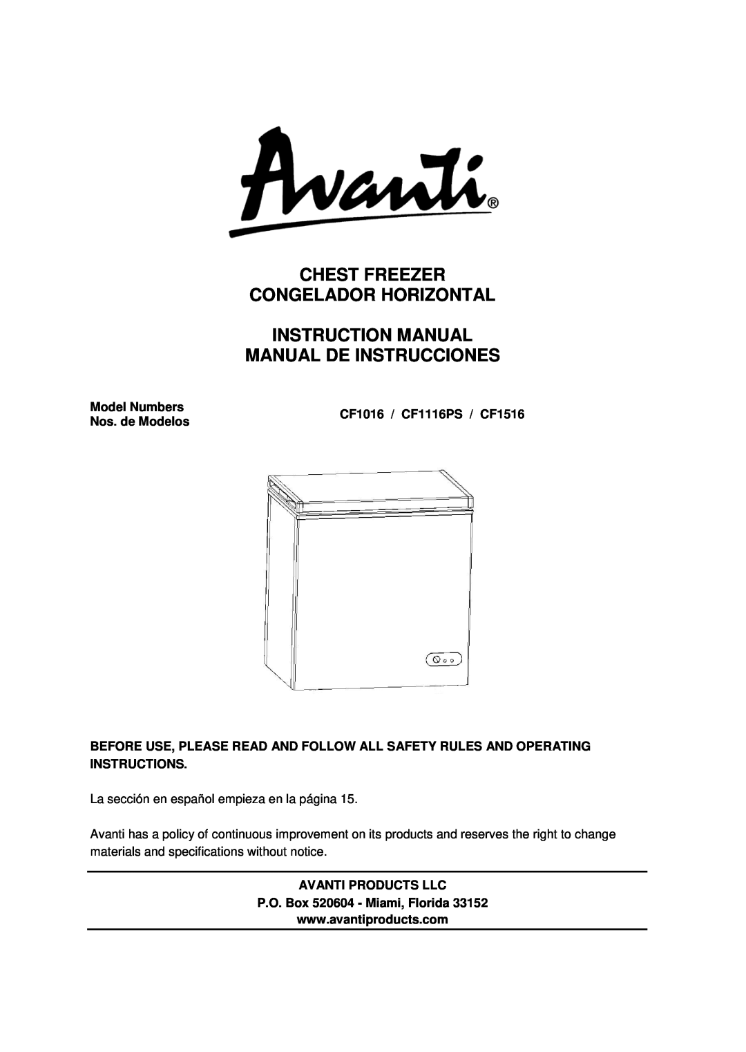 Avanti instruction manual Chest Freezer Congelador Horizontal, Model Numbers, CF1016 / CF1116PS / CF1516 