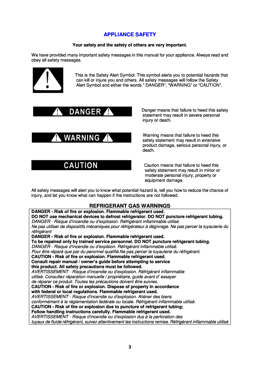 Avanti CF1516, CF1016, CF1116PS instruction manual Appliance Safety, Refrigerant Gas Warnings 