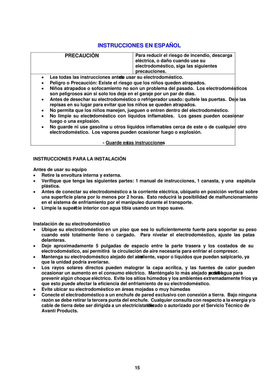 Avanti cf524cg, CF1526E Instrucciones EN Español, Instrucciones Para LA Instalación, Antes de usar su equipo 