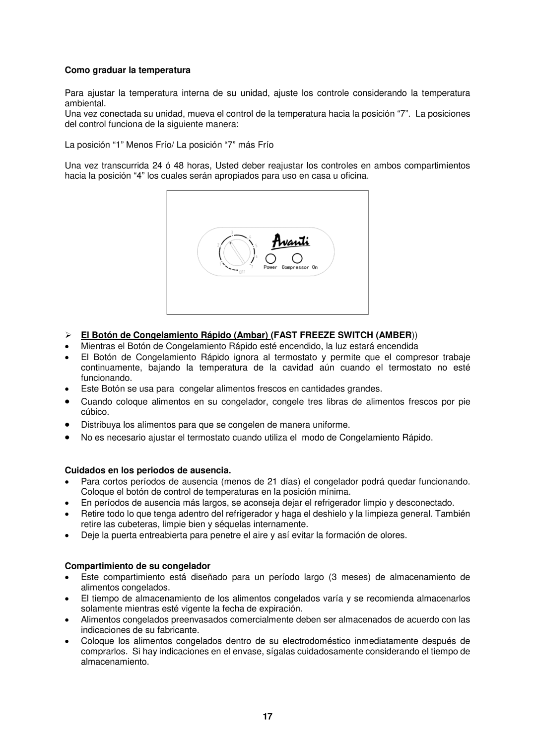 Avanti cf524cg, CF1526E Como graduar la temperatura, Cuidados en los periodos de ausencia, Compartimiento de su congelador 