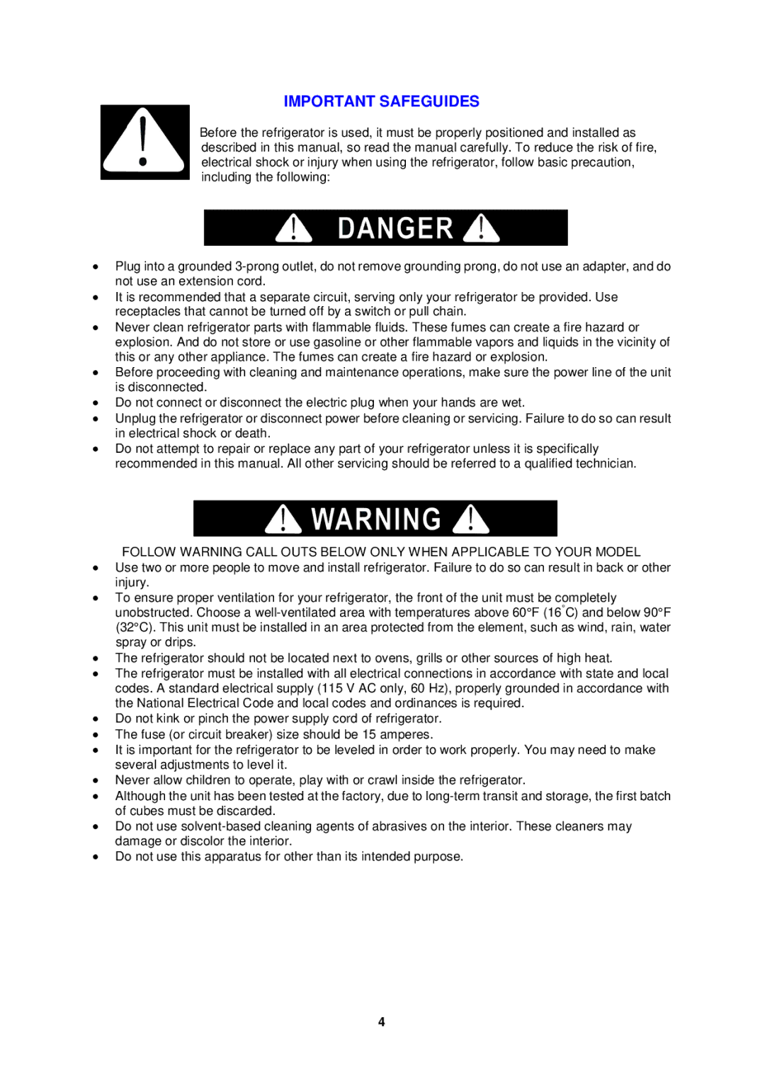 Avanti CF1526E, cf524cg instruction manual Important Safeguides 