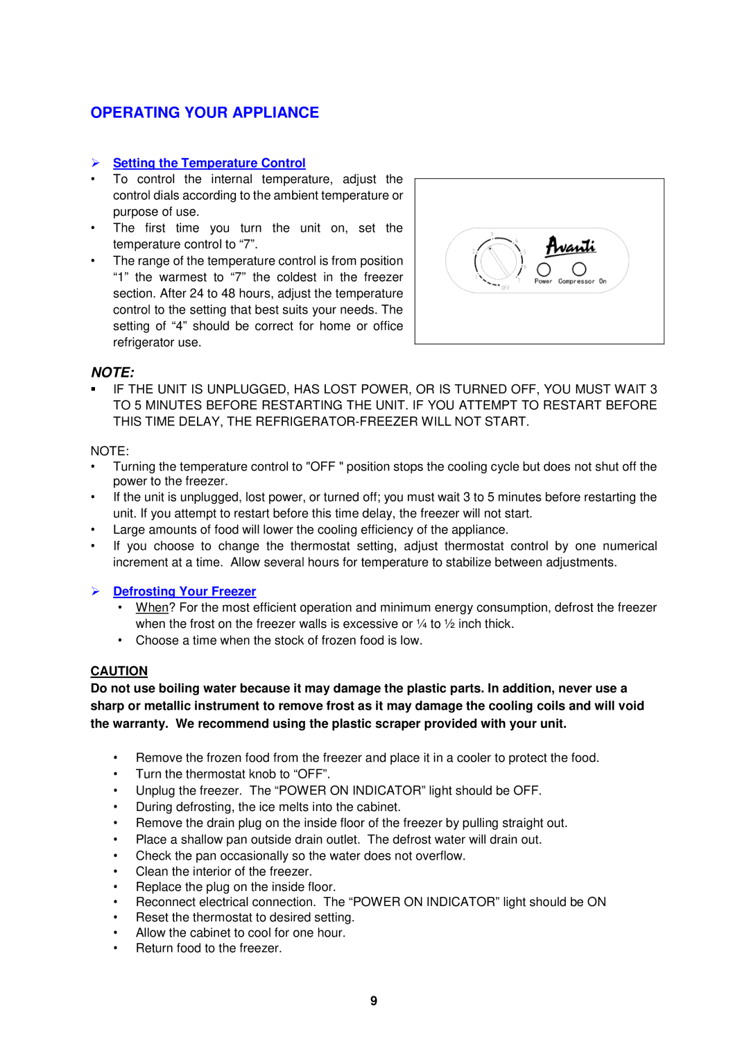 Avanti cf524cg, CF1526E Operating Your Appliance,  Setting the Temperature Control,  Defrosting Your Freezer 