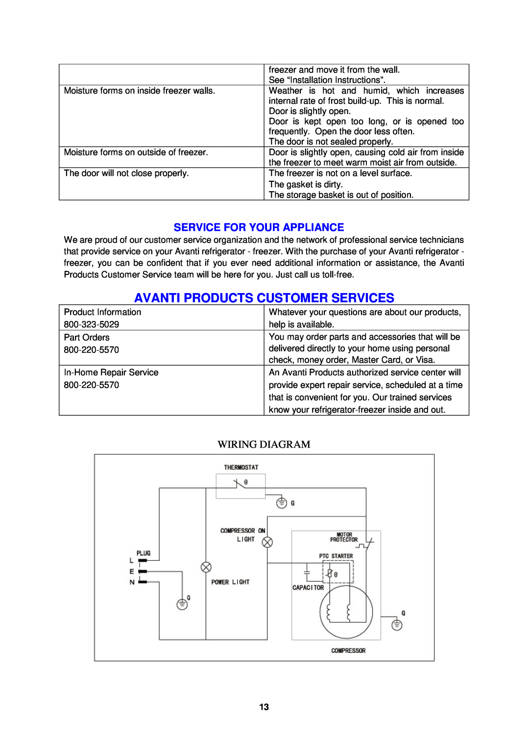 Avanti cf524cg, CF1526E instruction manual Service For Your Appliance, Avanti Products Customer Services, Wiring Diagram 